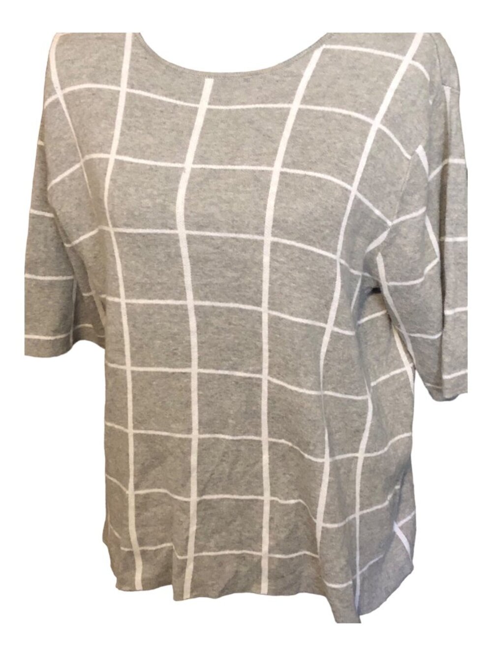 Gray Short Sleeve Oversize White Plaid Accent Blouse Pullover Sweater Sz L